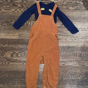 Boys tan corduroy overalls with navy blue bear face onsie